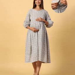 Ikk Kudi by Seerat Cotton Three Fourth Sleeves Lotus Printed Maternity Dress With Concealed Zipper Nursing Access - Grey-image-42