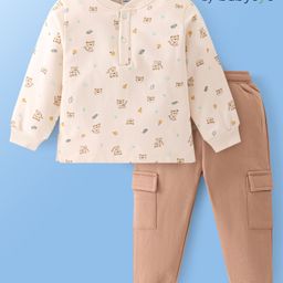 Babyoye Qulited Fabric Full Sleeves Henley Neck T-Shirt & Lounge Pants Set With Animal Print - Multicolor-image-35