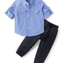 Babyhug Cotton Woven Full Sleeves Checkered Shirt & Trouser Set - Light Blue & Black-image-18