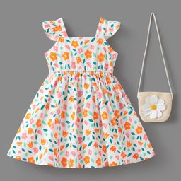 Mark & Mia Cotton Frill Sleeves Frock with Floral Print & Sling Bag - Multicolor-image-61