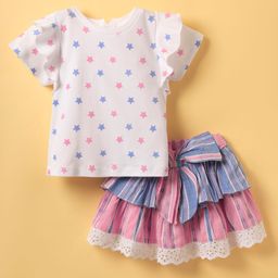 ToffyHouse Knitted Half Sleeves Top and Skirt With Stripes & Star Print - Pink & White-image-17