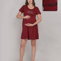 Fabme Cotton Jersey Half Sleeves Back Stage Text Printed Maternity Nighty With Nursing Access - Maroon-image-65