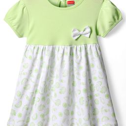 Babyhug Single Jersey Knit Half Sleeves Dress With Fruit Print & Bow Applique - Light Green & White-image-31