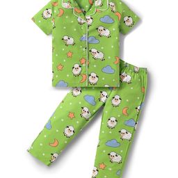 Babyhug Poplin Woven Half Sleeves Front Open Co-ords Night Suit with Ship Print - Light Green-image-24