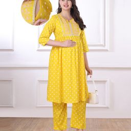 Bella Mama Woven Three Fourth Sleeves With Embroidered Yoke Maternity Suit Set - Yellow-picture-1