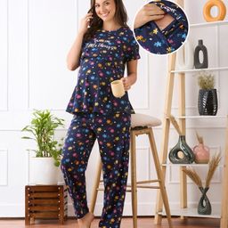 Bella Mama Cotton Knit Short Sleeves Nursing Night Suit Floral Print - Navy Blue-image-44