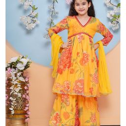 Bitiya By Bhama Silk Woven Three Fourth Sleeves Floral Printed Gota Lace & Sequins Embellished Anarkali Style Kurta Sharara With Dupatta Set - Yellow-image-44