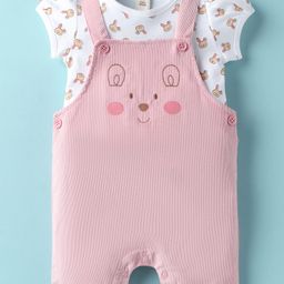 ToffyHouse Corduroy Woven Dungaree & Half Sleeves Inner Tee With Bunny Print & Embroidery - Coral & White-image-39