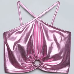 Taffykids Suede Knit Sleeveless Metallic Designed Cut Out Detailed Crop Top - Pink-image-37