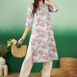Sangria Floral Printed Yoke Thread Work Straight Kurta-image-11