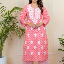 ADR CHIKAN Women Ethnic Motifs Embroidered Regular Chikankari Pure Cotton Kurti with Palazzos-57
