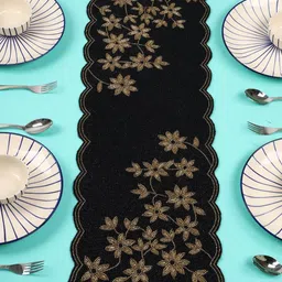 YWULY Black & Gold Toned Floral Embellished Beaded Table Runner-10