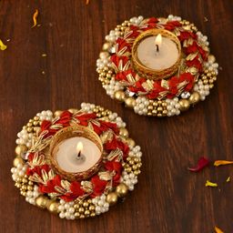 Aapno Rajasthan Red & Gold-Toned 2 Pieces Embellished Metal Candle Holders-image-61