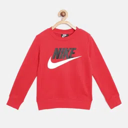 Nike Boys Red & Black Brand Logo Print Club HBR FT Crew Sweatshirt-image-8