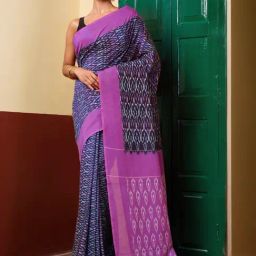Unnati Silks Blue & Purple Printed Saree With Unstitched Blouse-image-34