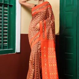 Unnati Silks Brown & Orange Cotton Printed Saree With Unstitched Blouse-picture-11