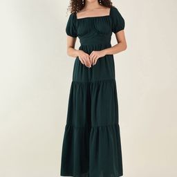 aayu Solid Green Puff Sleeve Square Neck Tiered Maxi Dress-image-84