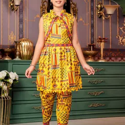 Sangria Girls Ethnic Motifs Printed Round Neck A-Line Kurti With Patiala And Jacket-image-75