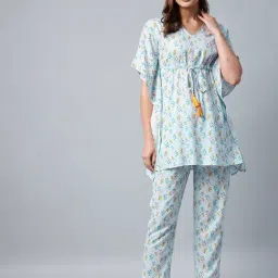StyleStone Light Blue Floral Print Kaftan Top With Pyjamas-picture-21
