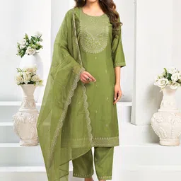 KALINI Women Embroidered Regular Aari Work Chanderi Silk Kurta with Trousers & With Dupatta-48