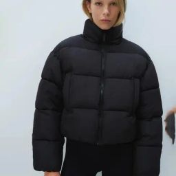 Black Solid Full Sleeves Puffer Jacket-image-7
