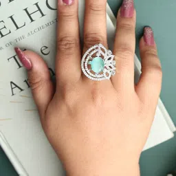 DIVASTRI Rhodium-Plated Mint & White CZ Studded Adjustable Ring-picture-21