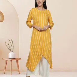 Fabclub Striped Round Neck Asymmetric A-Line Kurta-8