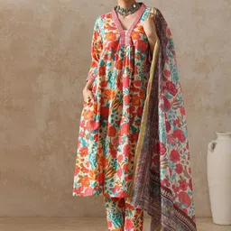 Moara Floral Printed V Neck A Line Pleated Pure Cotton Kurta With Trousers & Dupatta-picture-56