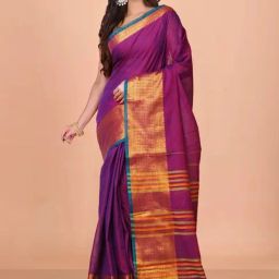 Unnati Silks Purple & Brown Cotton Woven Saree With Unstitched Blouse-image-96