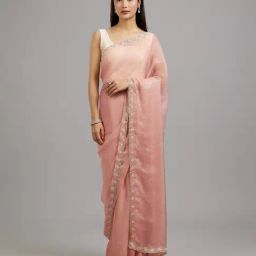 Mohey Peach Organza Embroidered Saare with Unstitshed Blouse-image-19