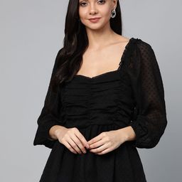 plusS Black Dobby Self Design Dobby Weave Semi-Sheer A-Line Top-image-1