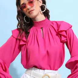Tokyo Talkies Women Keyhole Neck Blouson Top-image-34
