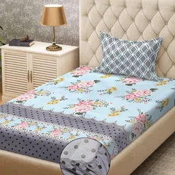 Myntra Elegant Homes Blue & White Floral 300 TC Fitted Single Bedsheet Set 2.25 m x 1.5 m-picture-17