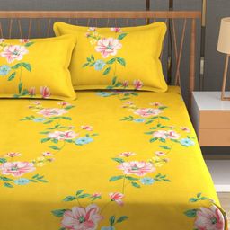 MallowWorld Yellow & Pink Floral 200 TC Queen Bedsheet with 2 Pillow Covers-image-104