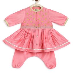 Tiber Taber Full Sleeves Yoke Embroidered Frill Kurta With Footed Pyjama - Pink-picture-28
