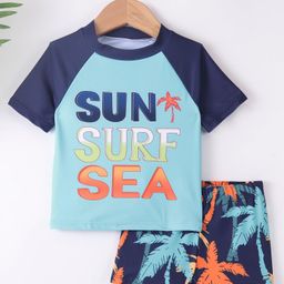 Kookie Kids Raglan Half Sleeves Two Piece Swimsuit Text Print - Blue-image-8