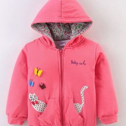 Cucumber Full Sleeves Hooded Sweatshirts With Floral & Cat Embroidery - Red-image-106