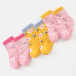 Cute Walk by Babyhug Cotton Knit Anti Bacterial Ankle Length Floral Design Socks Pack of 3 - Multicolour-image-30