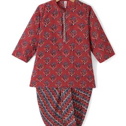 Babyhug 100% Cambric Full Sleeve Printed Kurta With Dhoti Set - Maroon-image-46
