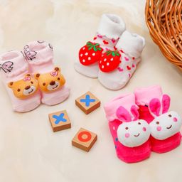 Yellow Bee Pack Of 3 Bear Strawberry & Honey Bee Applique Detailed Anti Skid Socks - Pink White Peach Red & Brown-image-68