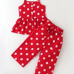 CrayonFlakes Rayon Sleeveless Polka Dots Printed Coordinating Top With Belted Palazzo - Red-image-77