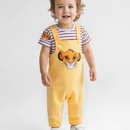 Babyhug Disney Single Jersey Knit Dungaree with Half Sleeve T-Shirt Lion King Print - Yellow-picture-47