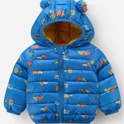 Kookie Kids Full Sleeves Front Open Padded Hooded Quilted Jacket With Vehicles Print & Ears Applique - Blue-image-16