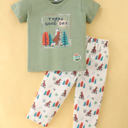 Teddy Cotton Knit Half Sleeves Night Suit With Animals Print - Green-image-67