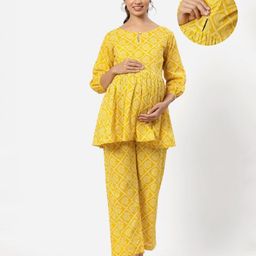 Ikk Kudi by Seerat Cotton Woven Three Fourth Sleeves Bandhani Printed Peplum Top With Zipper Nursing Access & Pant Set - Yellow-image-65
