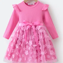 Kookie Kids Full Sleeves Party Frock with Floral Applique & Frill Detailing - Dark Pink-picture-13