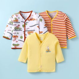 OHMS Single Jersey Knit Full Sleeves Front Open Vests with Animal Print & Stripes Pack of 3 - Yellow & White-picture-0