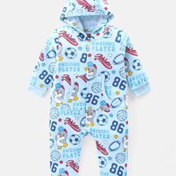 Babyhug 100% Cotton Full Sleeves Hooded Romper Text Print - Blue-image-103