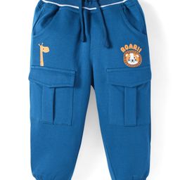 Babyhug Terry Knit Full Length Bear Printed Lounge Pant with Cargo Pockets - Navy Blue-image-5