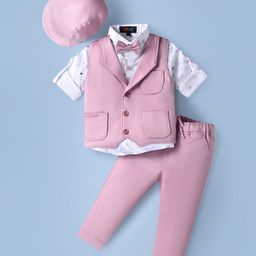 Robo Fry Lycra Knit Full Sleeves Printed 3 Piece Party Suit With Bow & Hat - Pink-image-85